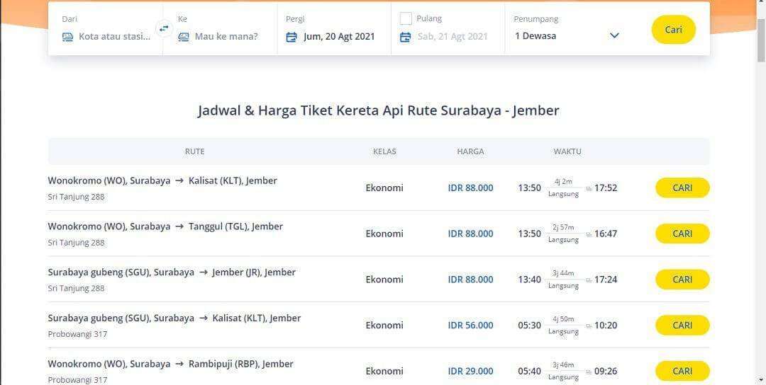 Tarif perjalanan menggunakan kereta dari Surabaya ke Jember