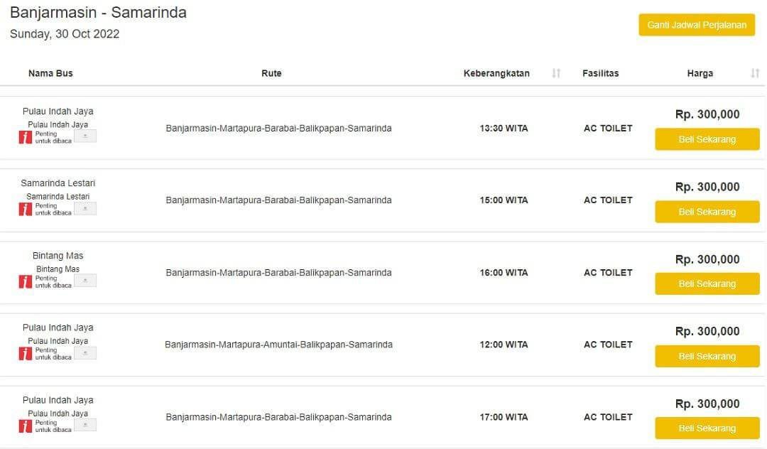 Tarif perjalanan menggunakan bus dari Banjarmasin ke Samarinda (sumber pulauindahjaya.com)