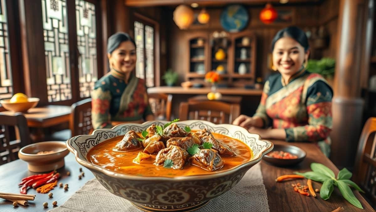 Mangkuk gulai kambing Melung dengan kuah kental kekuningan dan potongan daging yang empuk