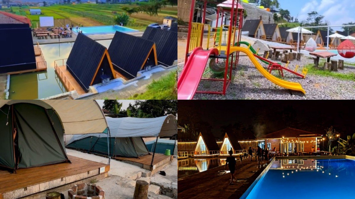 Interior The Secret Hill Villa and Glamping Sukabumi dengan ruang tamu dan dapur lengkap
