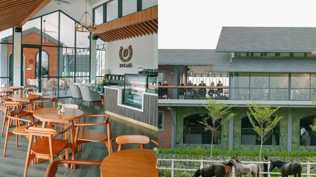 Rooftop JJ Cafe Sawangan Depok dengan pemandangan lapangan latihan berkuda di bawahnya
