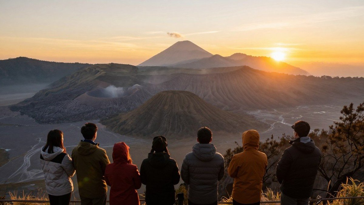 Rombongan terorganisir paket wisata Bromo dengan Bromo Eco Tourism di titik kawah saat pagi hari