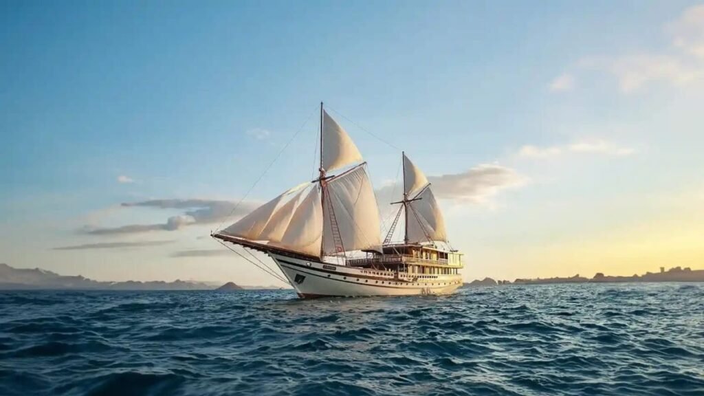 Kapal phinisi yang digunakan untuk open trip di perairan Taman Nasional Komodo