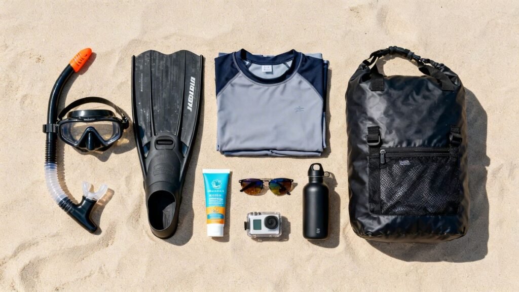 Flatlay perlengkapan trekking dan snorkeling untuk trip ke Taman Nasional Komodo