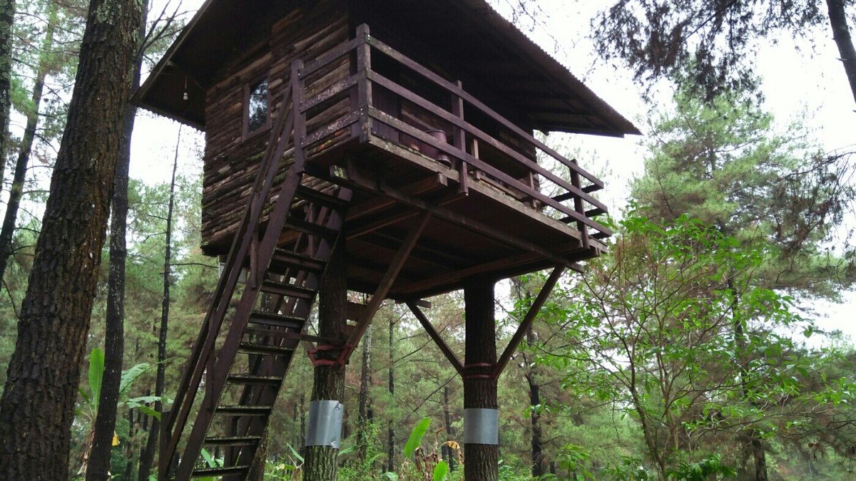 Rumah pohon di kawasan Taman Dayu Pandaan Pasuruan dengan latar hijau pegunungan Jawa Timur